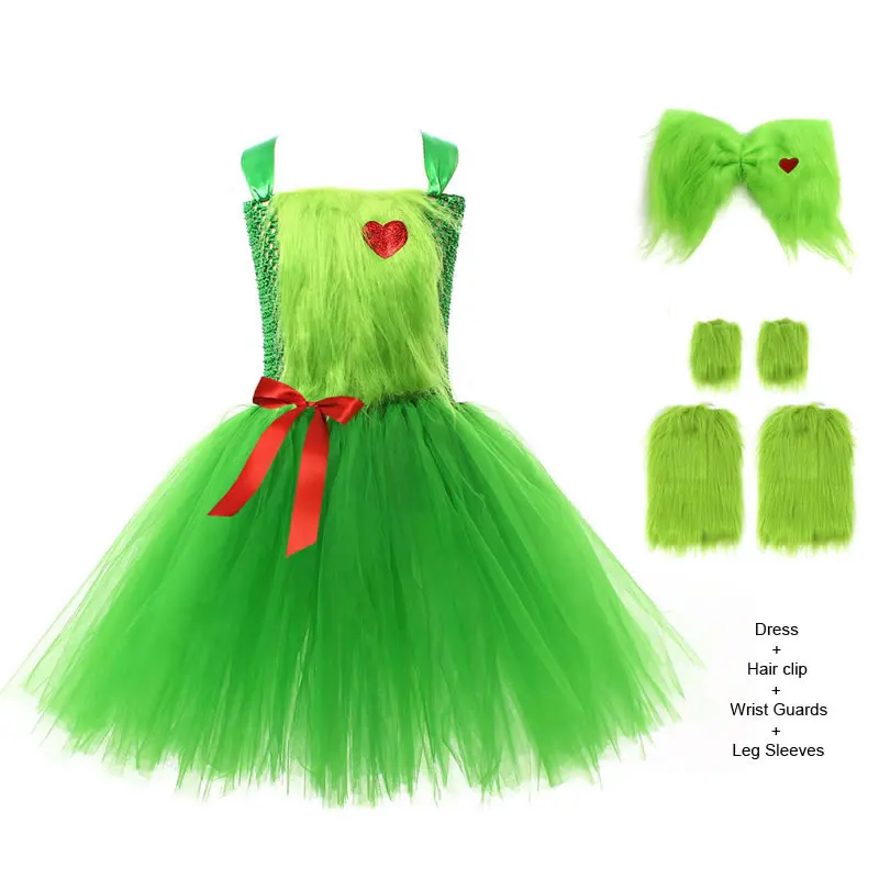 Christmas Green Monster Costume For Baby Girl Lace TUTU Dress Set Child Up Headwear+Tunic+Leg Warmer+Wrist Guard 4pcs Outfit