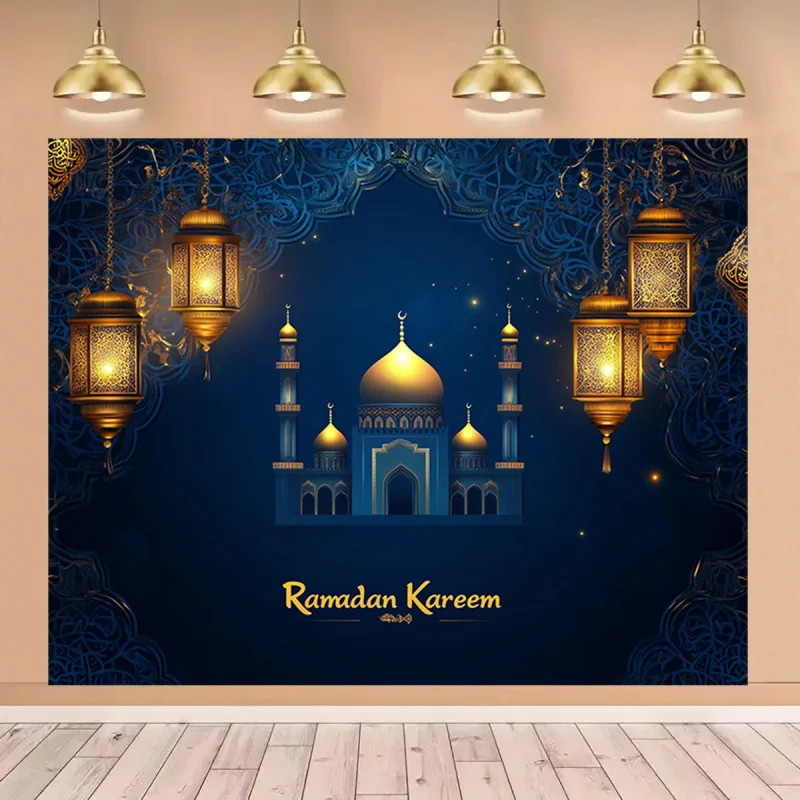 1 قطعة 2DFlat خلفية لافتة موضوع رمضان الإسلامية - تصميم المسجد الذهبي والفانوس، لا يتطلب إمدادات الطاقة