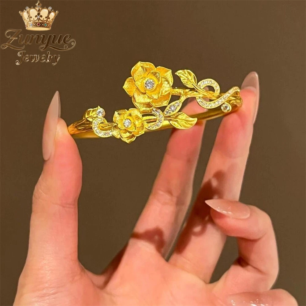 

High-End Sand Gold Three-Dimensional Rose Bracelet Luxury Quality Jewelry Fashion Jewelry Exquisite Elegant Charms Popular Gift