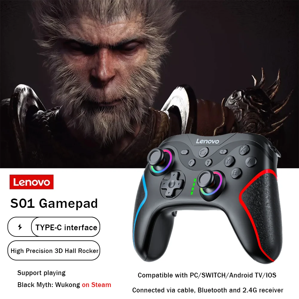 Bezprzewodowy gamepad Lenovo Bluetooth RGB Wbudowany sześcioosiowy żyroskop Hall Rocker Obsługuje TURBO Dla PS4 PC/Switch/IOS/Android S01