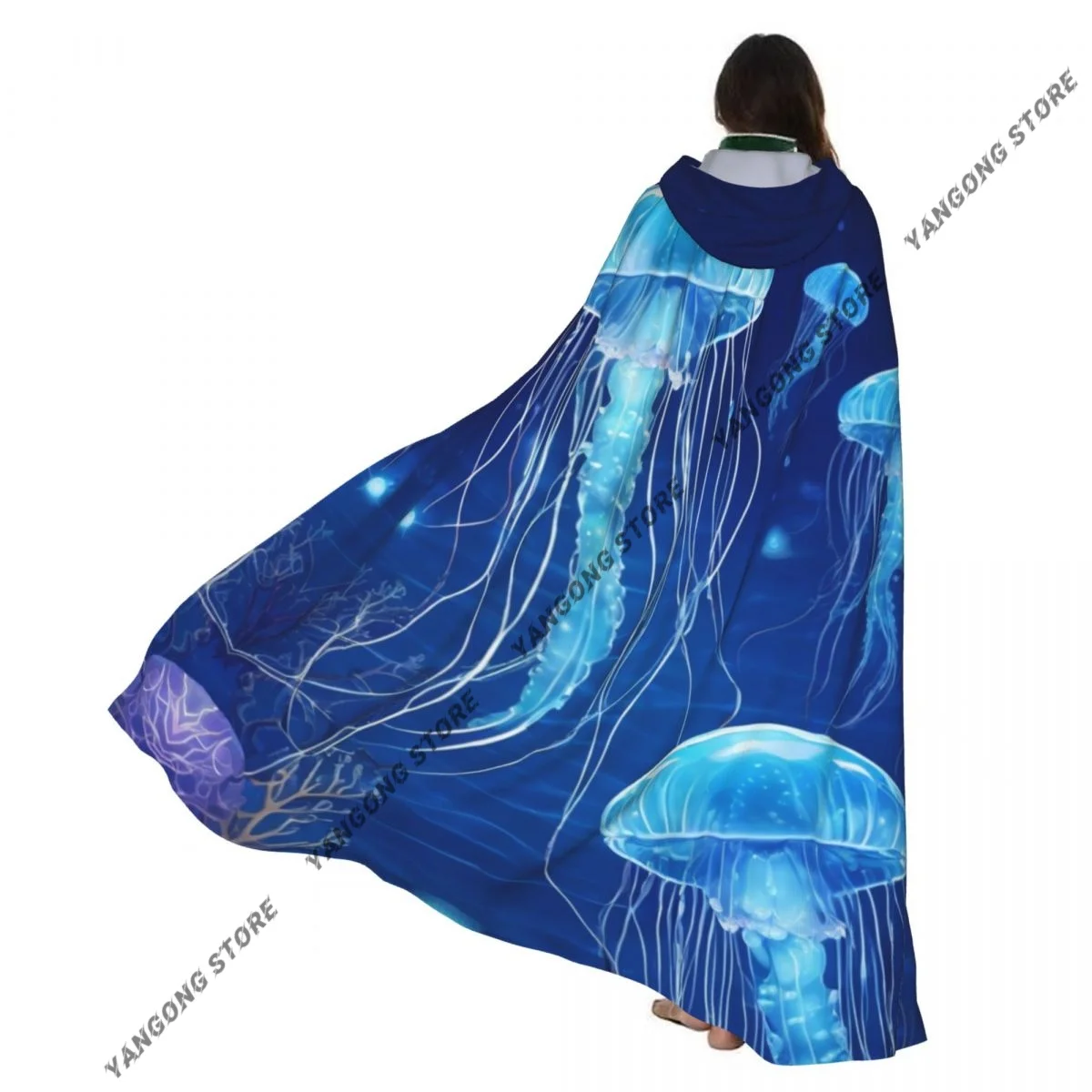 Adult Vampire Cape Hooded Robe Magic Jellyfish Underwater Halloween Cloak Full Length Cosplay