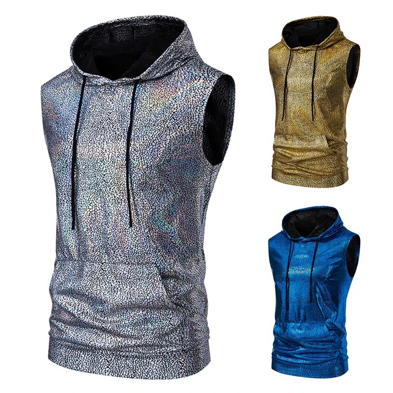 New Men's 70s Disco Hooded Stamped Sleeveless Vest Fashion Retro Glossy Party DJ Hooded Vest Men's Tank Tops