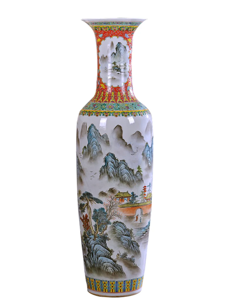 Jingdezhen New Chinese Style Pastel Landscape Floor Vase Ceramic Flower Arrangement Decoration Ornaments