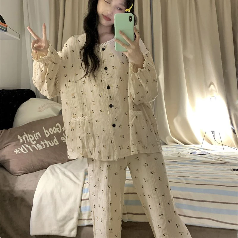 Cherry Sleepwear Button Women Pajamas Set Autumn Piiama Korean Ruffles Long Sleeve Sets 2 Pieces Night Wears Lace Home Wear New