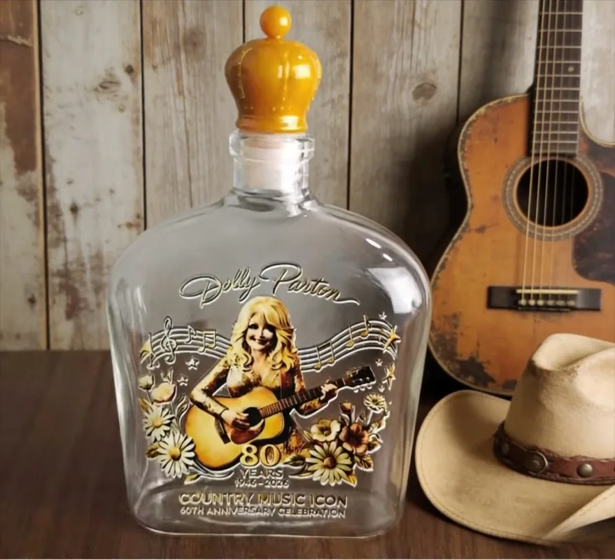 Dolly Parton Premium Country Music Themed Whiskey Decanter, Handcrafted Clear Glass Liquor Bottle with Guitar & Floral Relief view 4