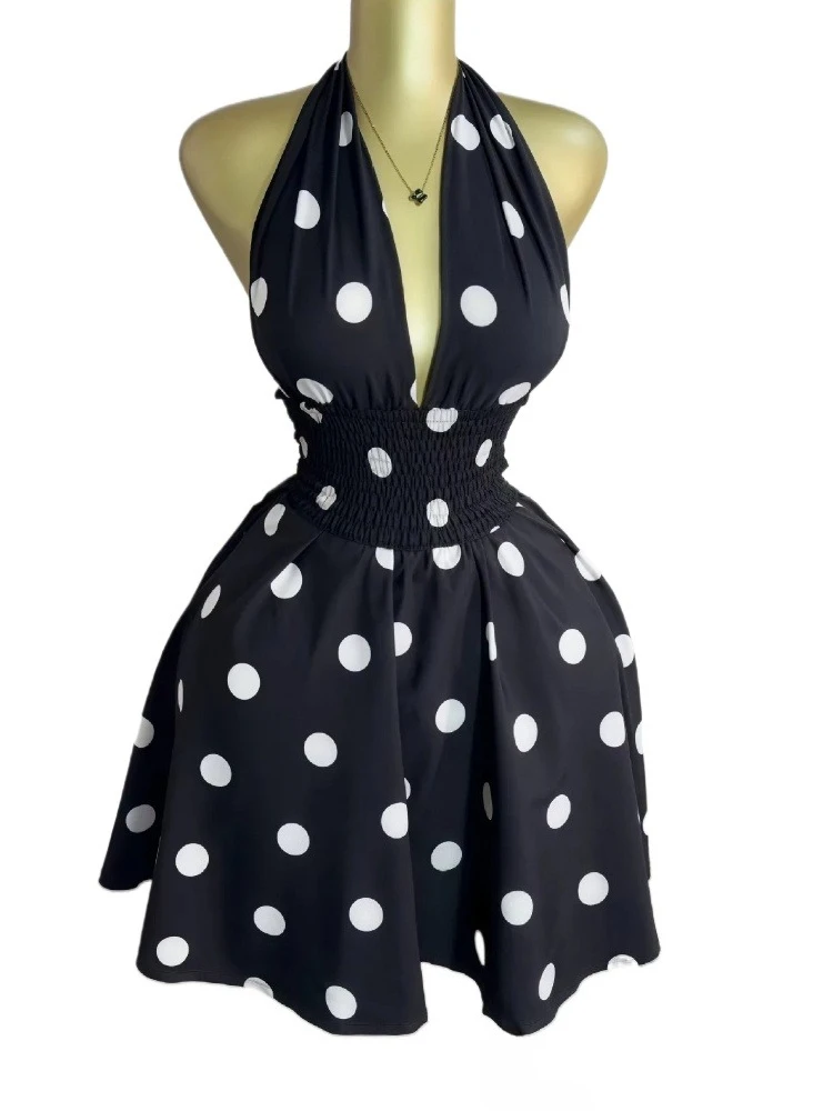 

Women Dot Printed Sleeveless Halter V-neck Big Swing A-line Mini Dress 2025 Summer Vacation Sexy Party Evening Dresses