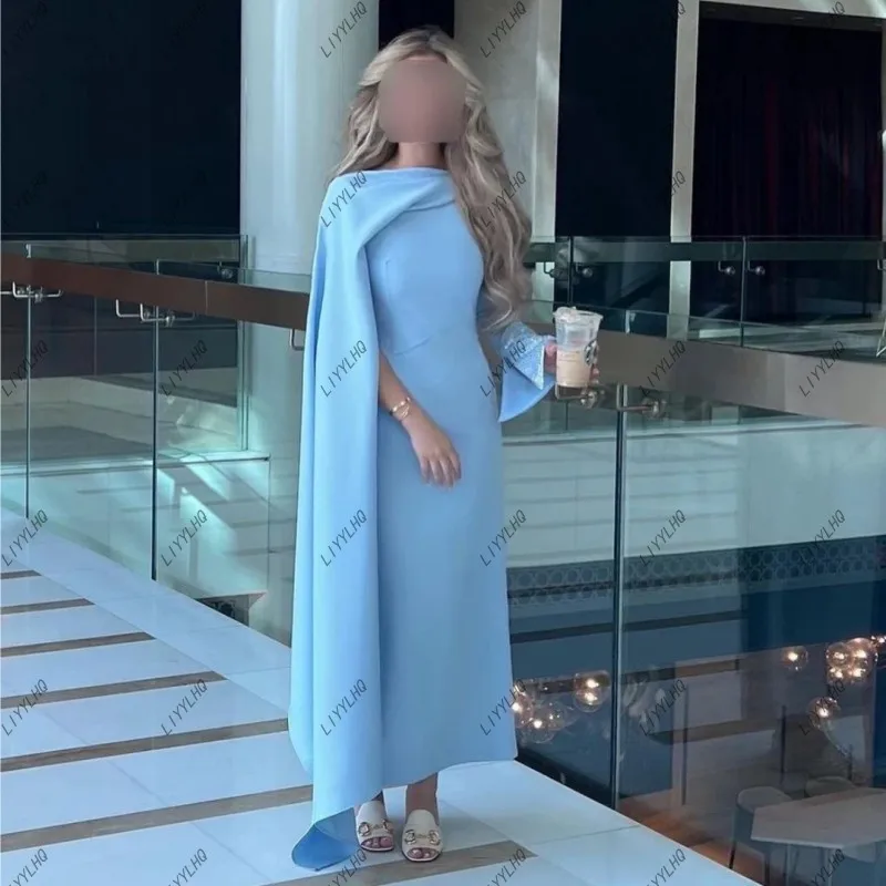 LIYYLHQ Arab Dubai Sky Blue Evening Dresses for Women with Flutter Wraps O-Neck Beaded Long Sleeves Prom Dress Robes De Soirée