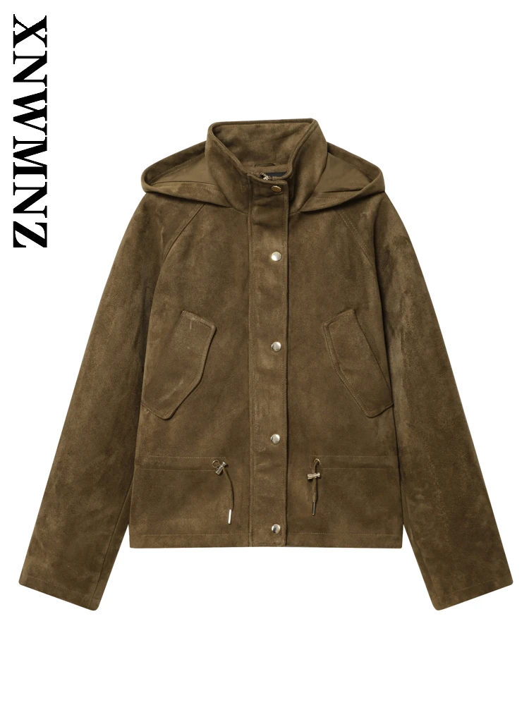 

XNWMNZ 2025 осенняя женская модная замшевая куртка с длинным рукавом и воротником с капюшоном, винтажное простое зимнее женское коричневое повседневное пальто