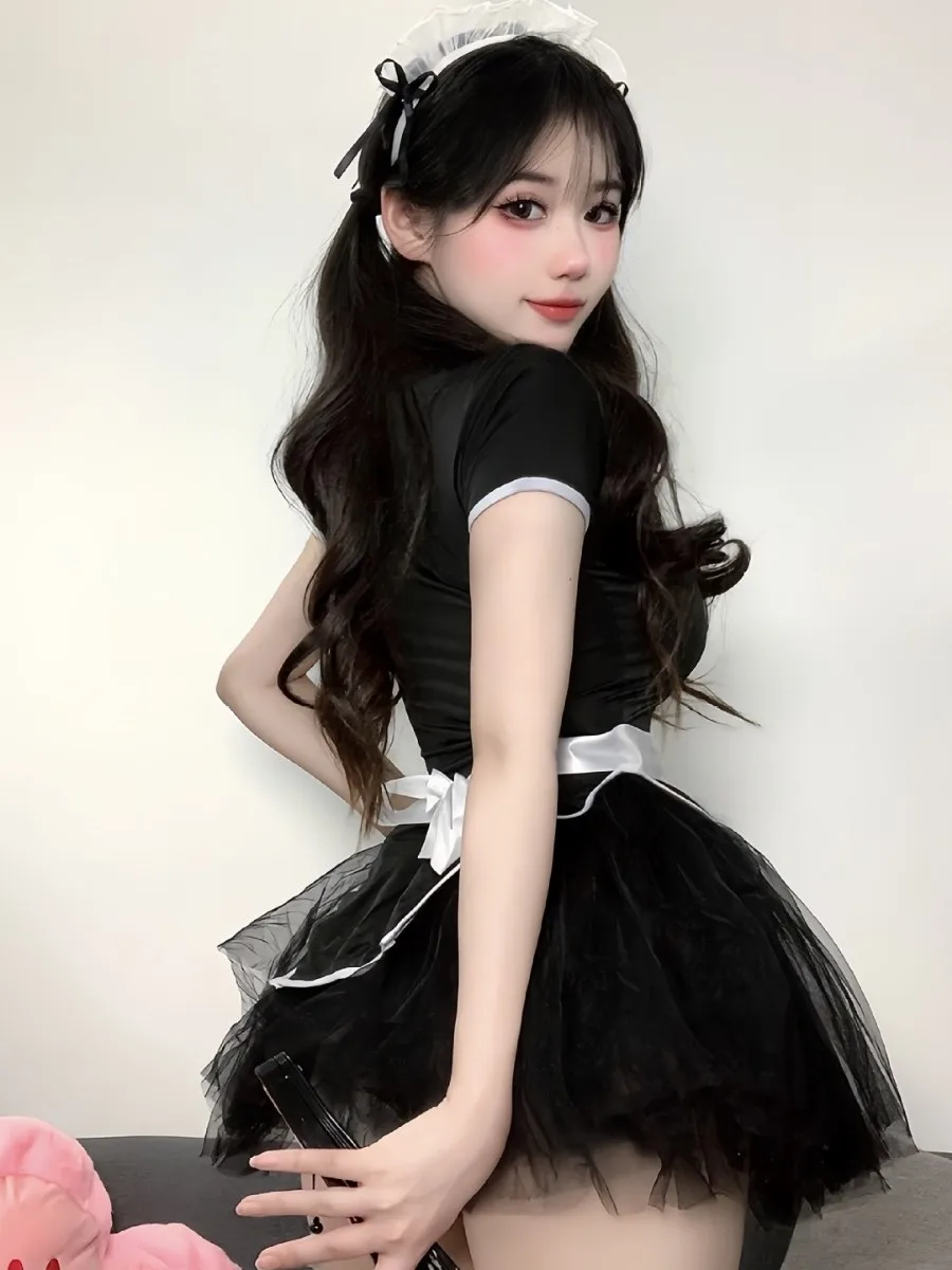 Chinese style girl new Chinese cheongsam maid uniform dress sexy cosy maid hollow out perspective yarn black Ball Gown dress 2S7