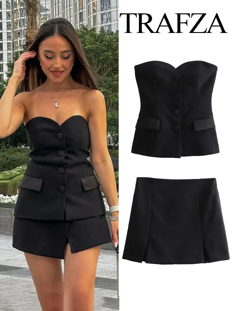 TRAFZA Women Fashion Elegant Flip Decoration Satin texture Spliced corset style Tops Autumn Vintage Slim High Waist Skirt Suit