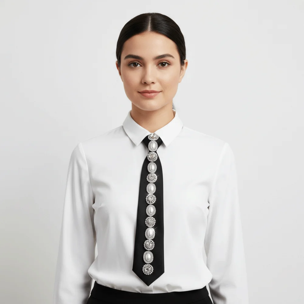 Clothing Decoration Korean Style Rhinestones Tie Black Versatile Long Necktie Academic Style Sparkly Decoration Shirt Tie Daily