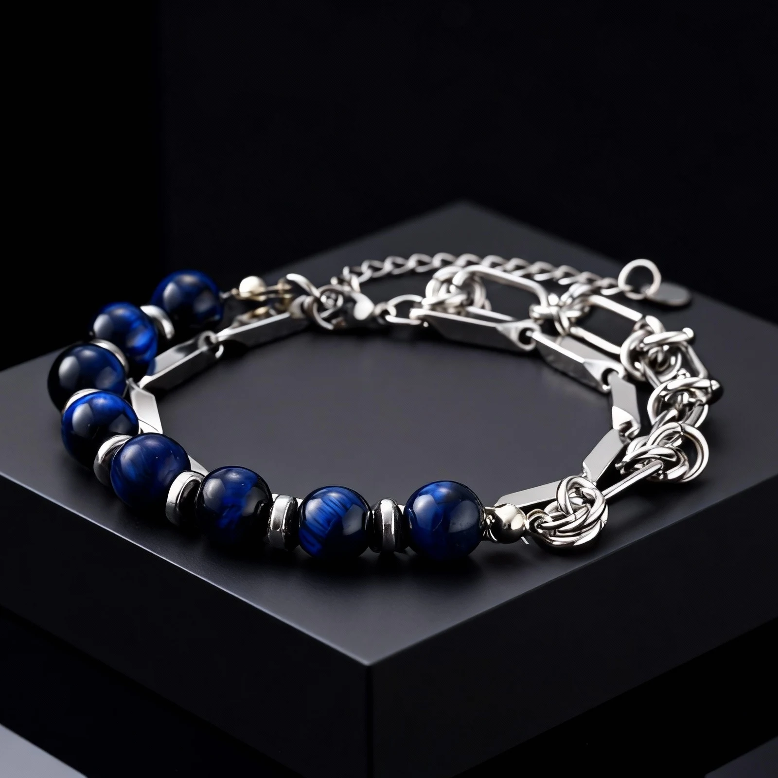 Trendy Hip Hop Double-layer Link Blue Tiger Eye Bracelet for Men, Stainless Steel Splicing Chain Natural Stone Bracelets Jewelry