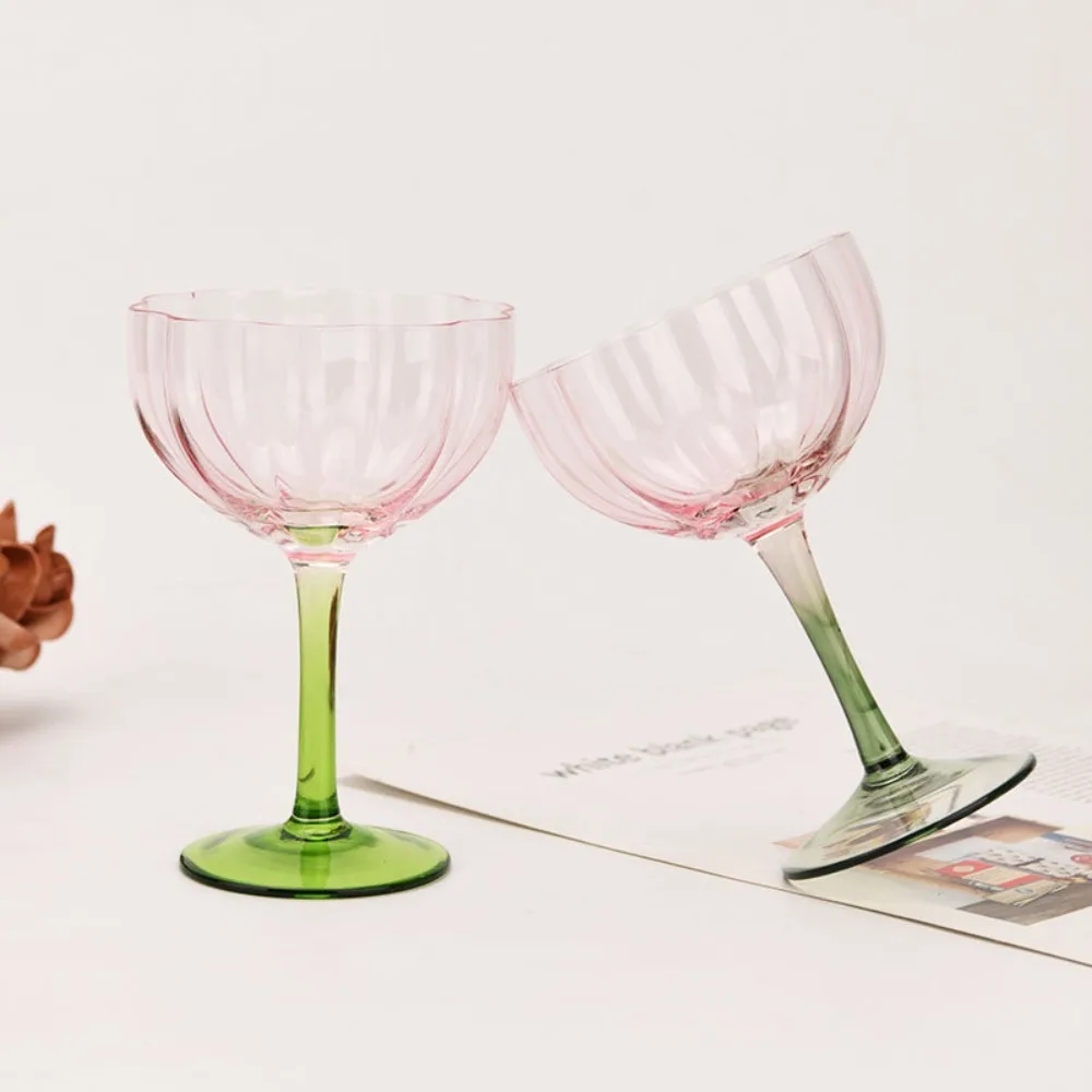 Crystal Flower Shape Goblet Gradient-Colored French Style Tall Foot Wine Cup Cold/Heat Resistant Vintage Ice Cream Cup Bar