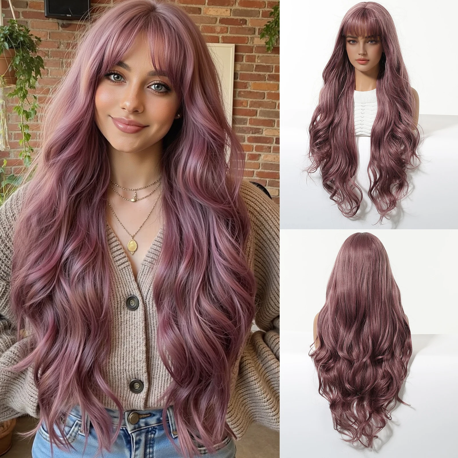 HAIRCUBE New Loose Body Wave Synthetic Wigs Long Purple Wig with Bangs Wave Curl Wigs for Black Women Heat Resistant Daily Party