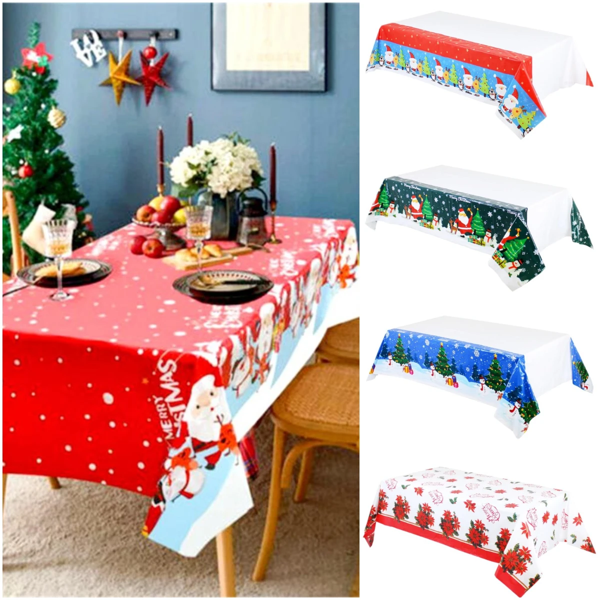 137x274cm Christmas Tablecloth PE Plastic Waterproof Oil-proof Rectangular Table Cover Cloth Christmas Table Decoration