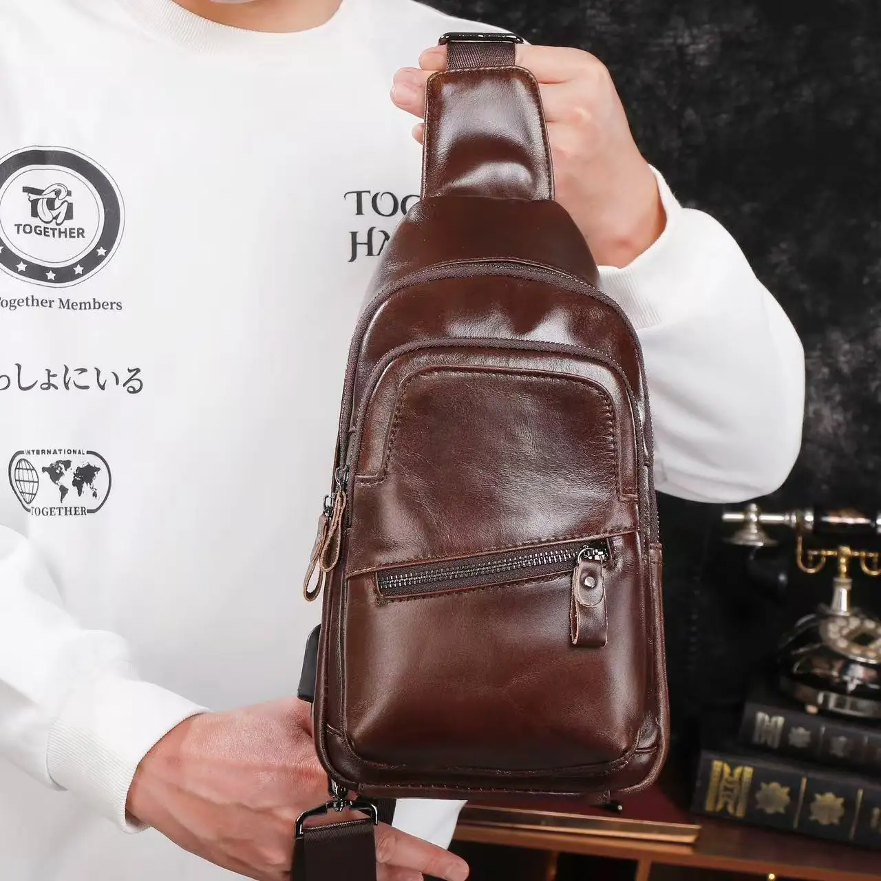 Vintage Full-Grain Cowhide Crossbody Bag Men's Large Capacity Convertible Chest Shoulder Bag for Outdoor