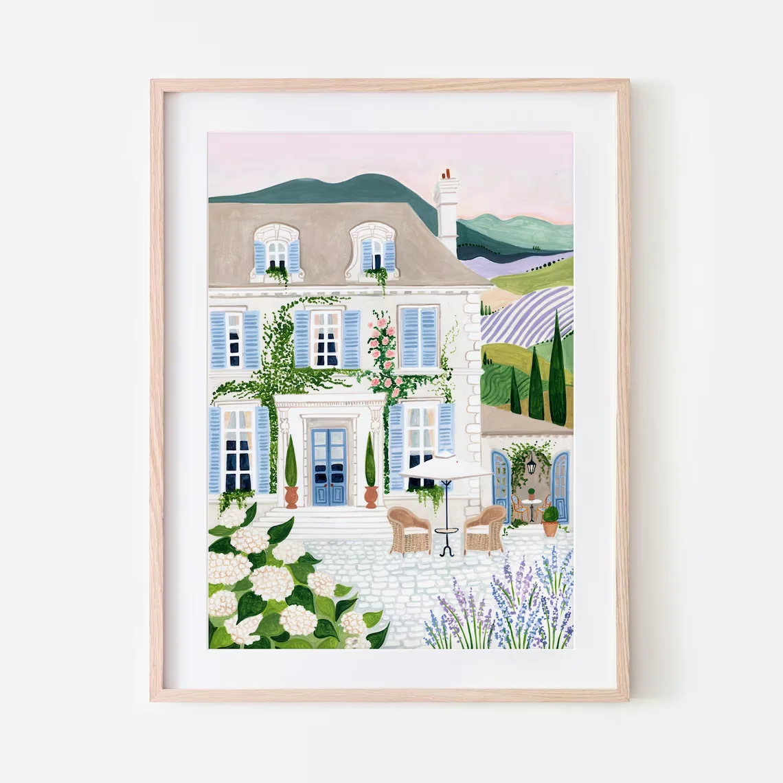Idyllic French Countryside Wall Print Decor - Charming Illustration of a White Manor House with Sky Blue Shutters, Surrounded by