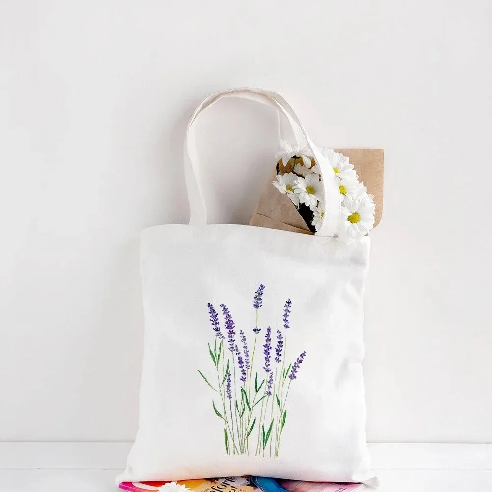 

Watercolor Lavender Sunflower Pattern Canvas Tote Bag Fashionable Shoulder Bag Elegant Accessory For Shopping Daily Use