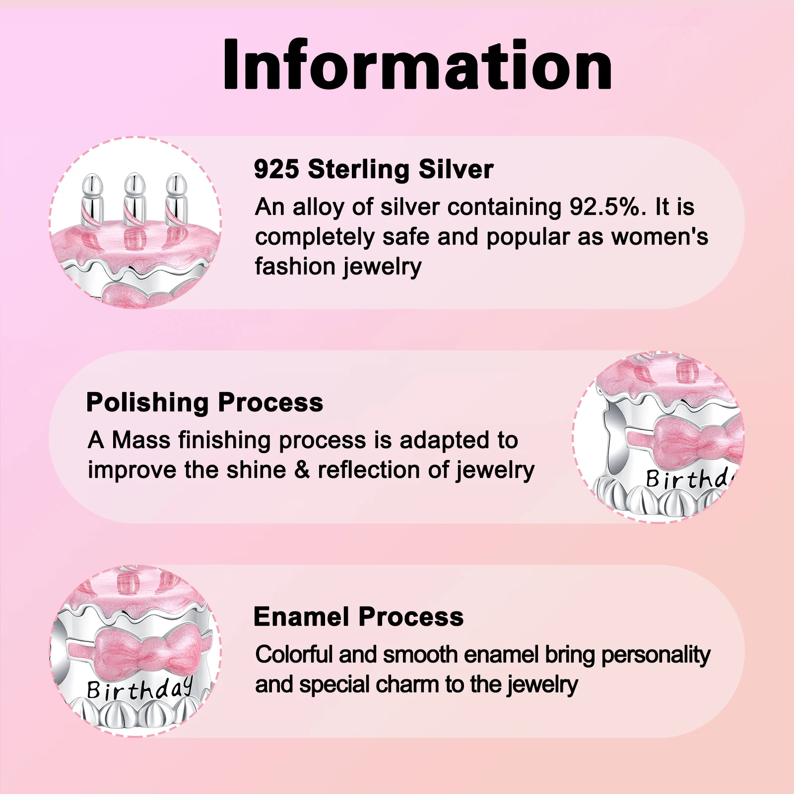 925 Sterling Silver Birthday cake pink bow Beads Charms Bracelets Women DIY Jewelry Gift
