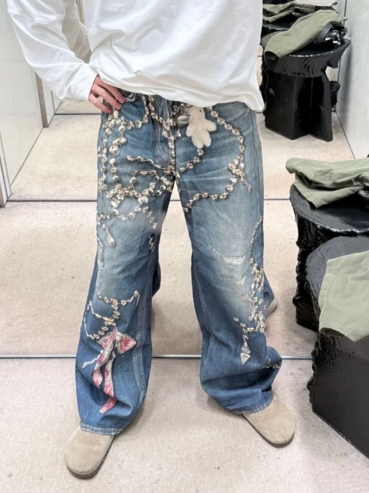 

2026 American Retro Y2K Style 3D Printed Washed Blue Baggy Women's Jeans Pants For Woman Clothing Straight Gothic Denim Trousers