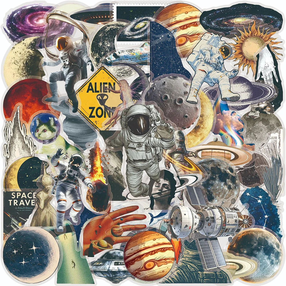 10/30/50pcs Cartoon Space Astronaut Universe Stickers Retro Moon Sun Planets Decals Scrapbook Laptop Phone Transparent Sticker
