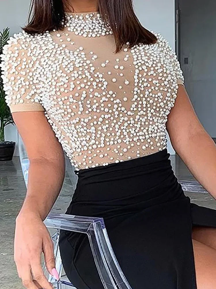 Sexy Sheer Mesh Beaded Slit Maxi Party Dress Women Mock Neck Short Sleeve Bodycon Club Dress