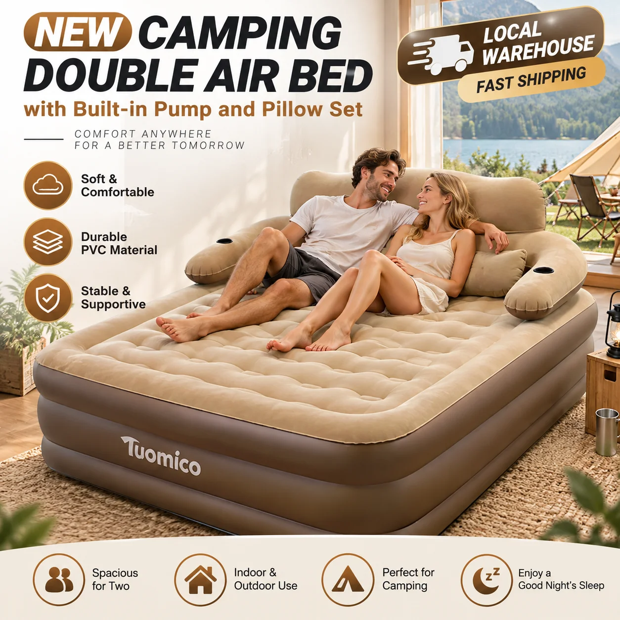 Nuovo materassino gonfiabile rialzato per campeggio, con pompa ad aria e set di cuscini, letto gonfiabile rialzato, letto pieghevole in PVC, ideale pe