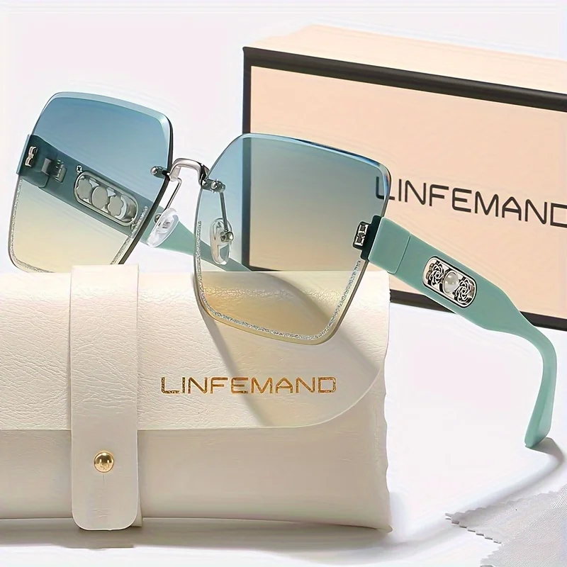 LINFEMAND Rahmenlose Mode-Sonnenbrille mit Farbverlauf, Perlen-Blumendekoration, Kunststoffrahmen mit Etui für Damen, Sommer-Festival-Geschenk – Detail 1