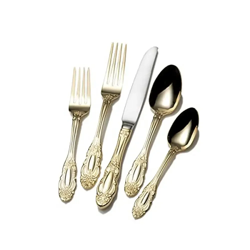 Golden Scroll Motif Flatware Set 65 Piece Elegant Stainless Steel Dinnerware Includes Sugar Spoon & Cold Meat Fork Dishwasher