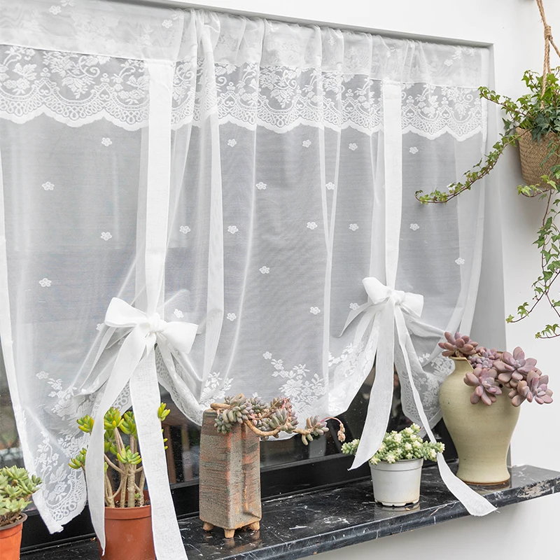 

White Lace Roman Curtains for Living Room Bedroom, Princess Tie Up, Short Tulle, Sheer Window Valance for Kitchen Bathroom