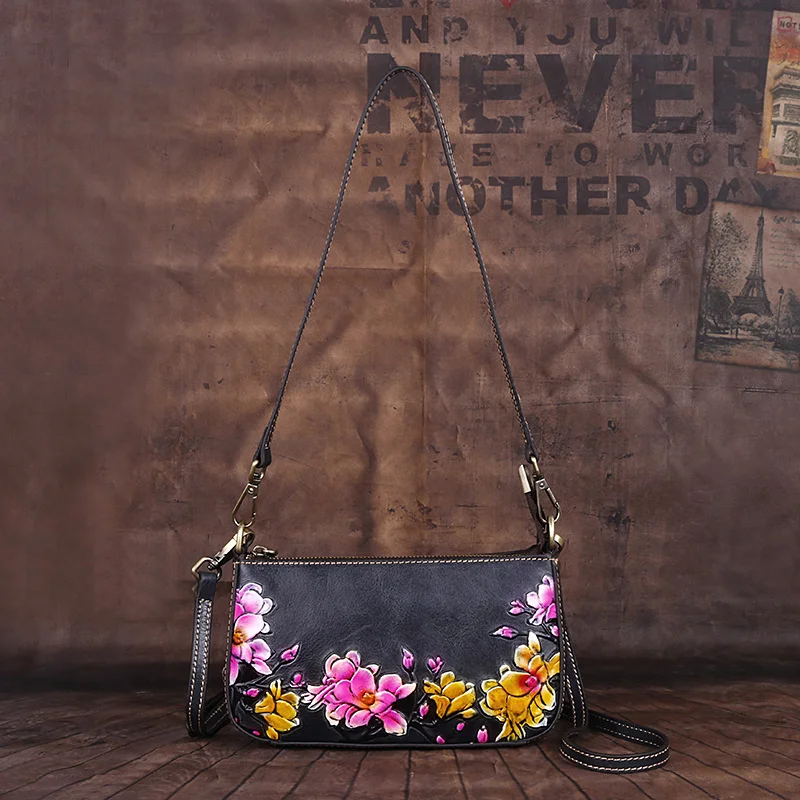 MOTAORA Women\'s Shoulder Bag For Cowhide Vintage Crossbody Handbag Retro Women\'s Moblie Phone Bags Leather Floral Small Cash Bag