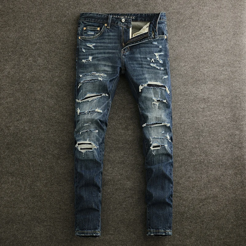 Men Jeans Deep Blue Distressed Stacked Ripped Denim Trousers Faded Washed Elastic Slim‑fit Urban Fashion Jeans