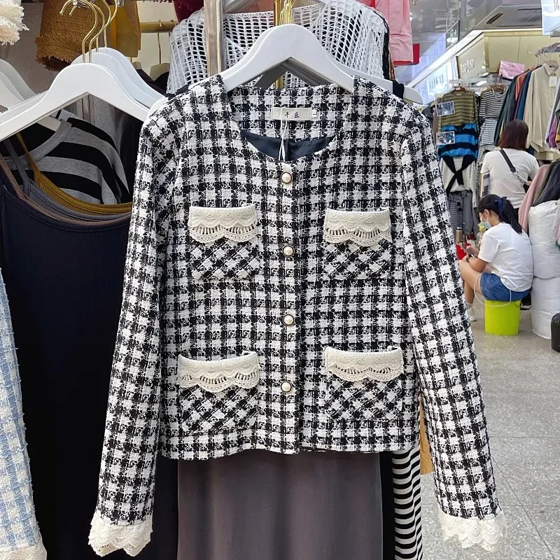 

2023 Autumn New Plaid Single Breasted Long Sleeve Lace Short Coat Female Fashion Ladies Patchwork Tweed Jacket