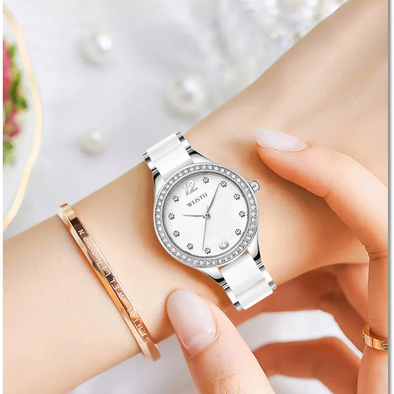 

Брендовые женские часы с керамическим ремешком, инкрустированным бриллиантами, водонепроницаемые кварцевые часы для женских повседневных повседневных часов с чашей