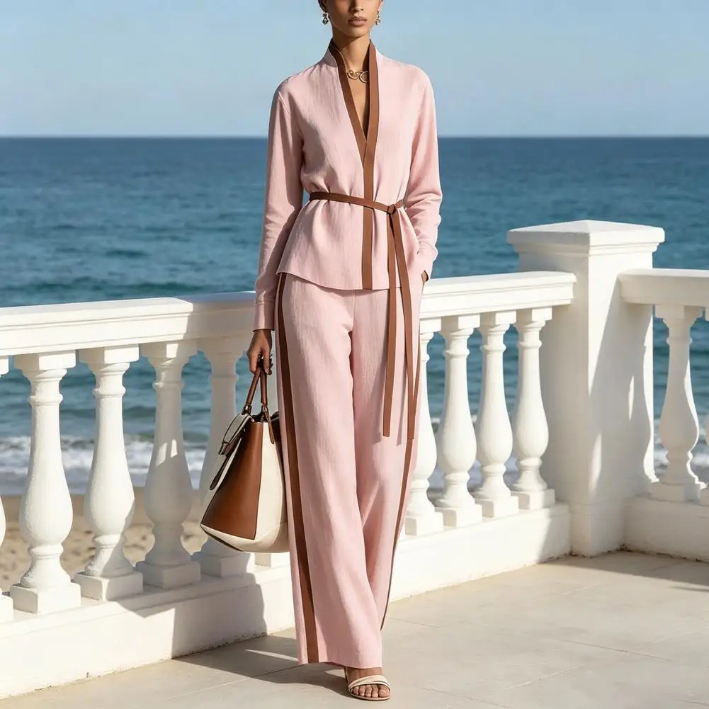 

2026 Women Two-piece Set V-neck Women Outfit Color Block Two-piece Set for Women Long Sleeve Stand Collar Top Wide Leg Pants Lou