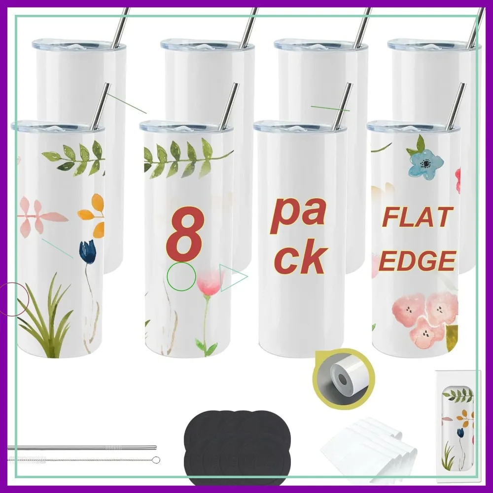 

8-Pack 20oz Sublimation Tumblers, White Skinny Insulated Straight Cups with Gift Box, Silicone Bottom for Heat Transfer