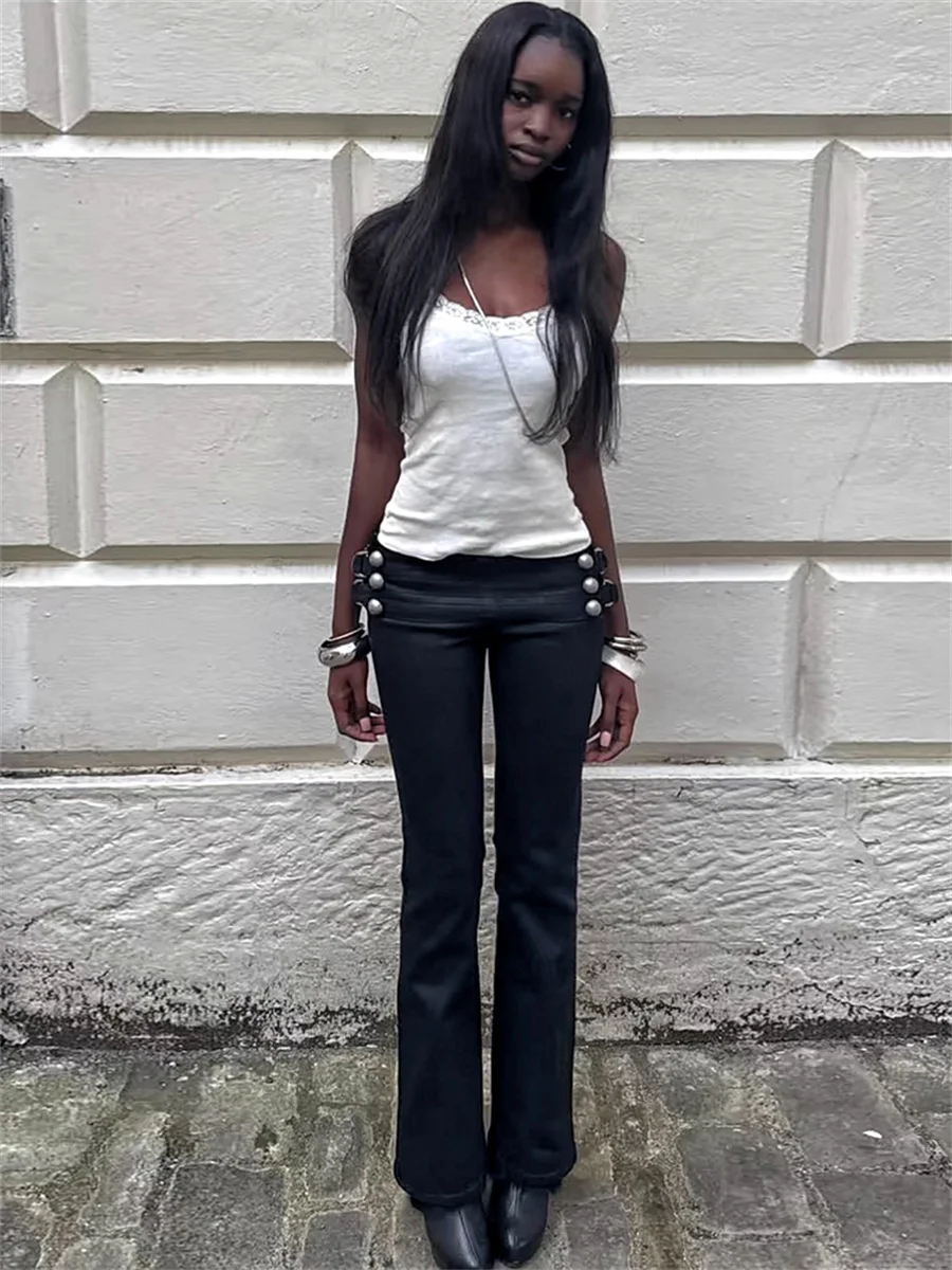 Weird Puss Double-Breasted Decoration Pants Women Metal Ring Tassel Elastic Waist Autumn Trend Street Daily Hottie Bell-Bottom