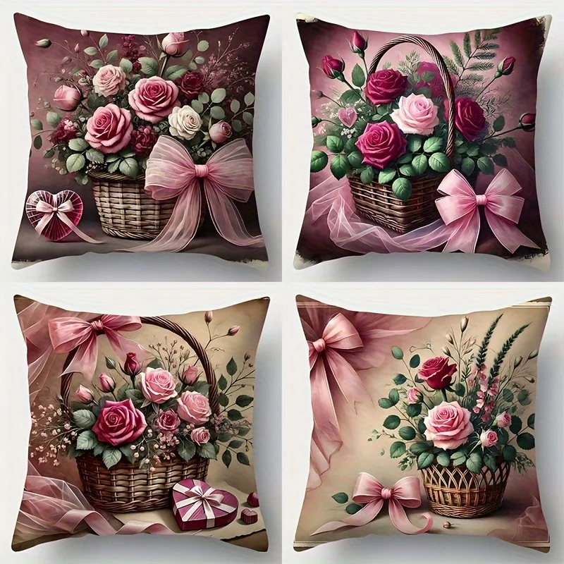 Juego  4 Fundas  Almohada con Ramo  Rosas Elegantes, Tres Tamaños - Rosas Vibrantes en Rosa y Blanco con Diseño  Cinta,