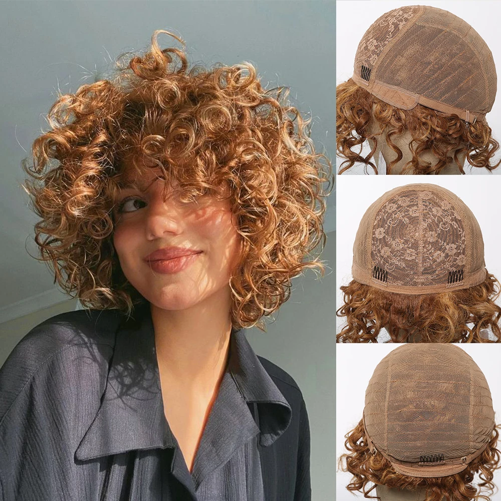 Kinky Curly Bomb Synthetic Wigs Short Bob Golden Brown Afro Wig with Bangs Deep Wave Hair for Black Women Brazilian Daily Use