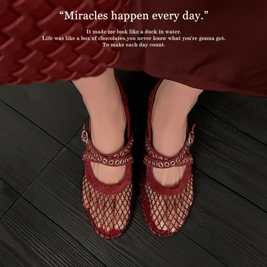 2026 new spring summer women sandals natural leather 22-25cm kid suede+mesh+sheepskin round toe buckle mary janes women shoes