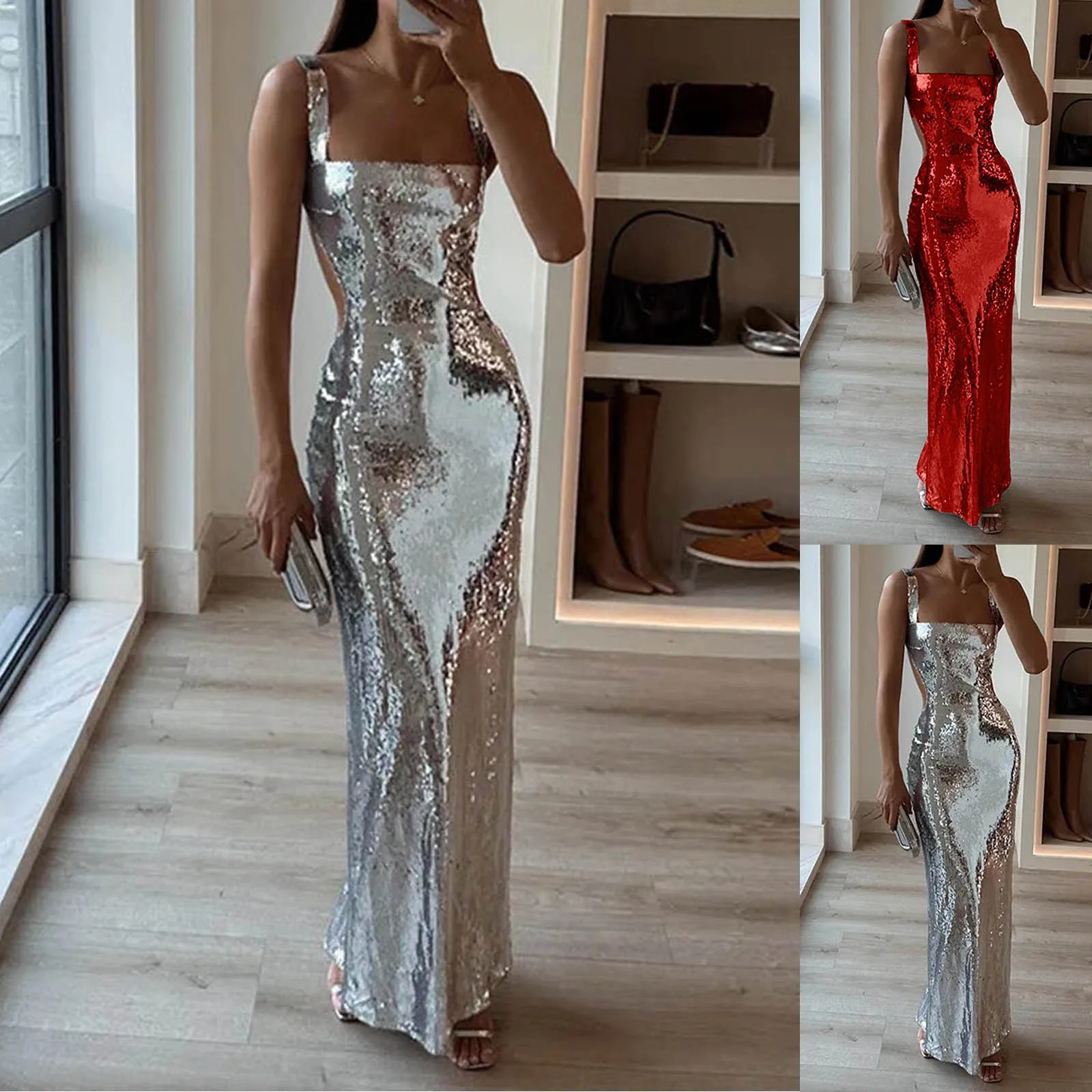 

2024 Woman Fashion French High Feeling Silver Sequins Halter Sheath Dress Light Luxury Evening Dinner Year Sexy Long Dresses