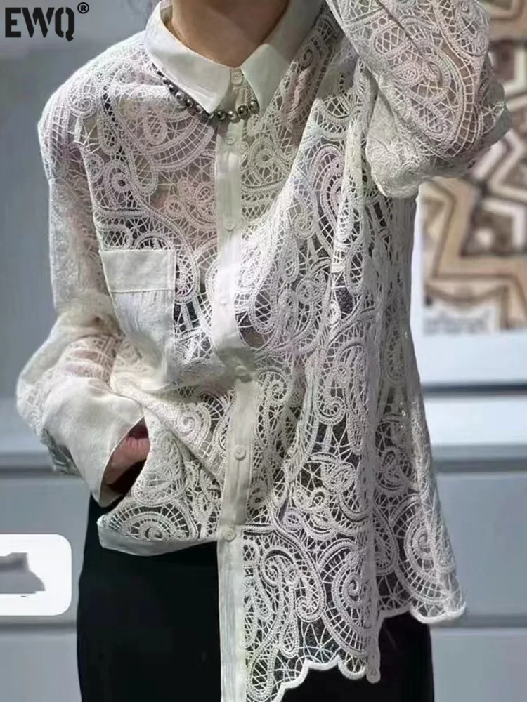 [EWQ] Fashion Chic Hollow Out Lace Design Blouse Single Breasted All-match Long Sleeve Women Shirt Tops 2025 Spring New 16O3891