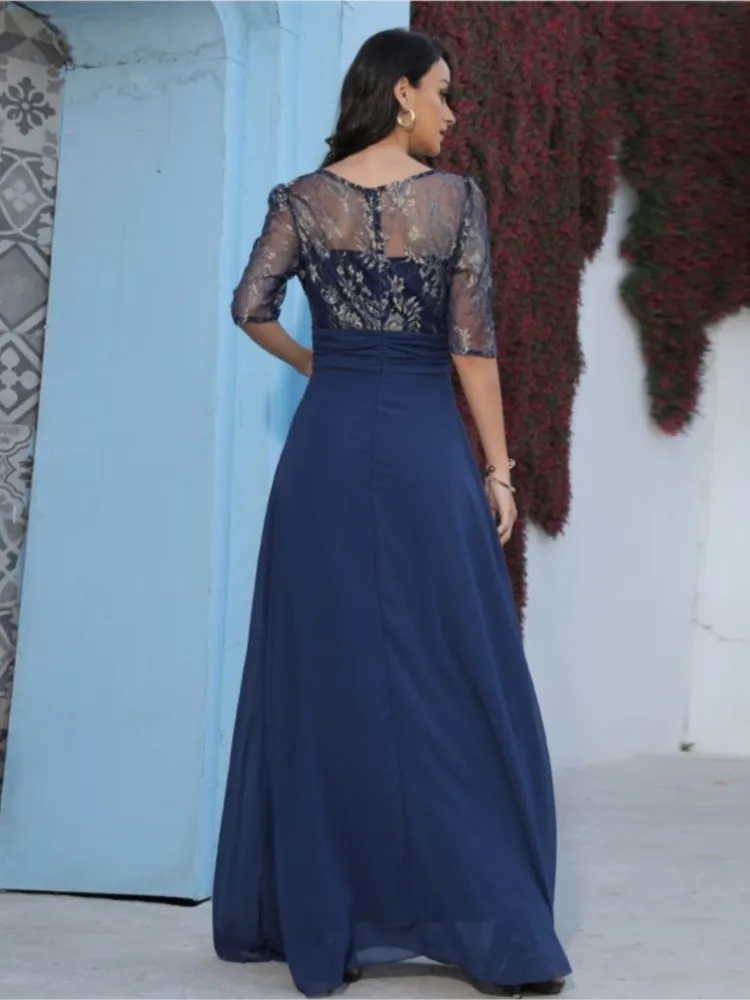 Abiti lunghi in Chiffon da donna abito da Cocktail fluido con scollo a v a mezza manica di lusso vedere attraverso Maxi abiti eleganti da damigella d'onore con paillettes