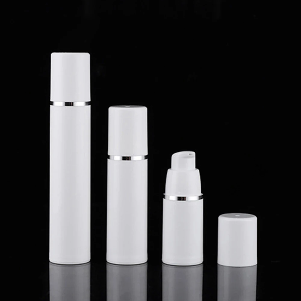 

10pcs Pump Bottle Airless Empty Plastic Container White Cosmetic Bottles Cylindrical Refill Tubes Silver Line Cap 15ml 30ml 50ml