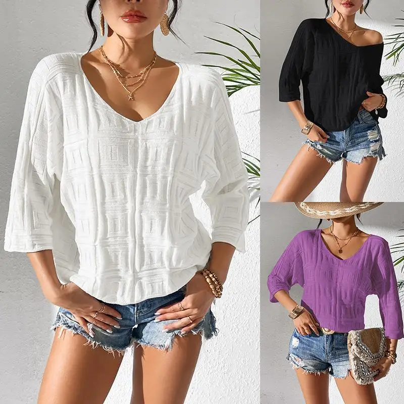 

Loose V-Ne Knitted Pure Color T-irt Seven-Quarter Sve Thin Casual Top Overhead Sle Commute Faion Spring Season