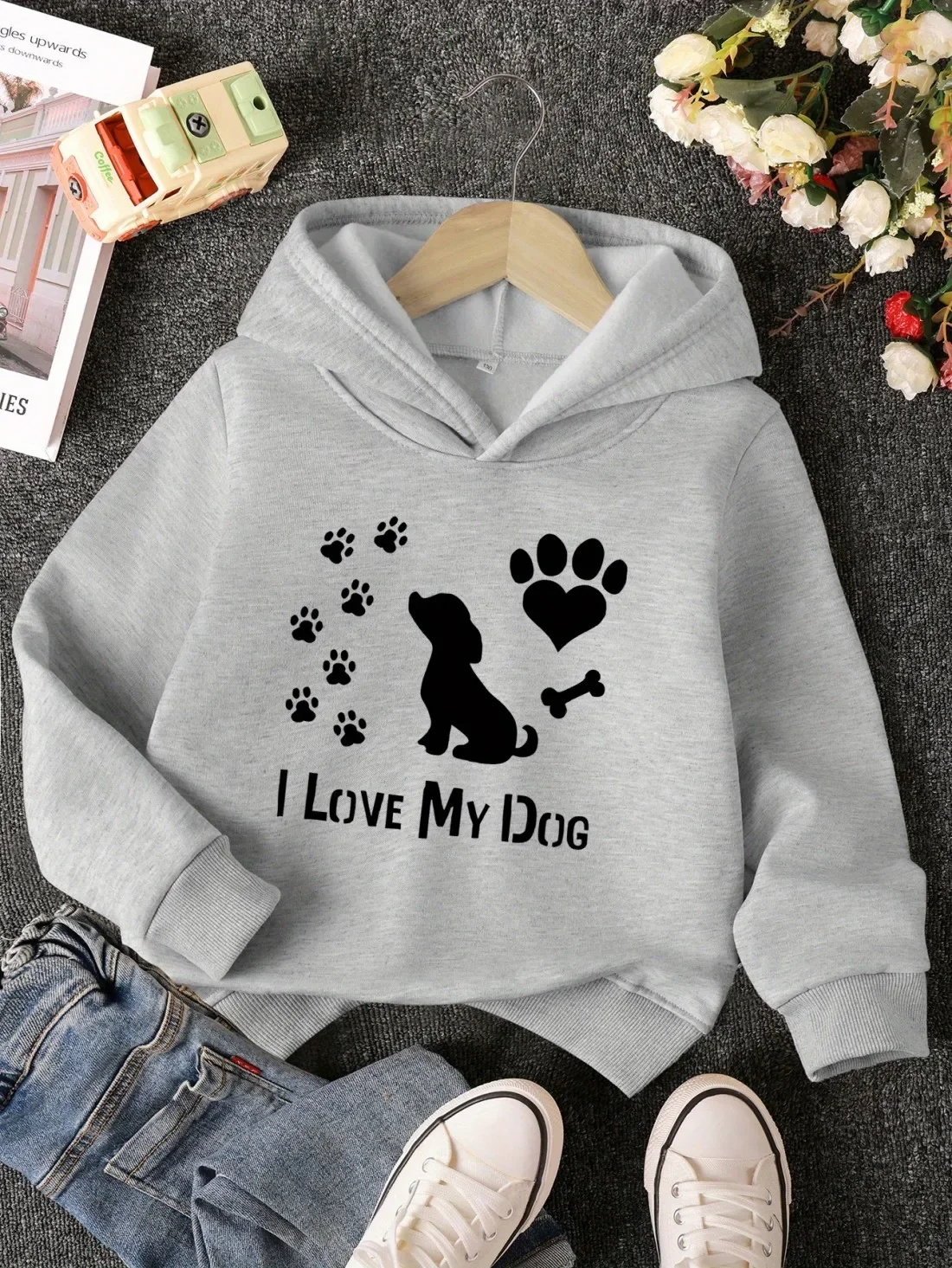 Cute Dog Theme Kids Hoodie I Love My Dog Puppy Silhouette Paw Prints Art Print Autumn Winter Fleece Warm Trendy Sweatshirt