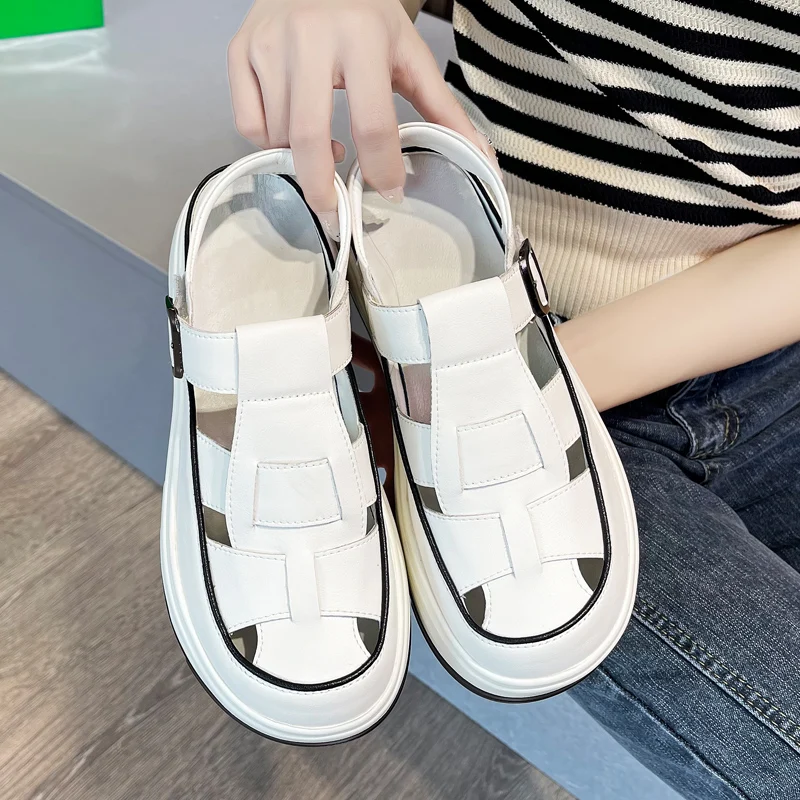 5cm Cow Genuine Leather Sneakers Round Toe Platform Wedge Hollow Comfort Ladies Women Sandals Buckle Slides Summer Fashion Shoes