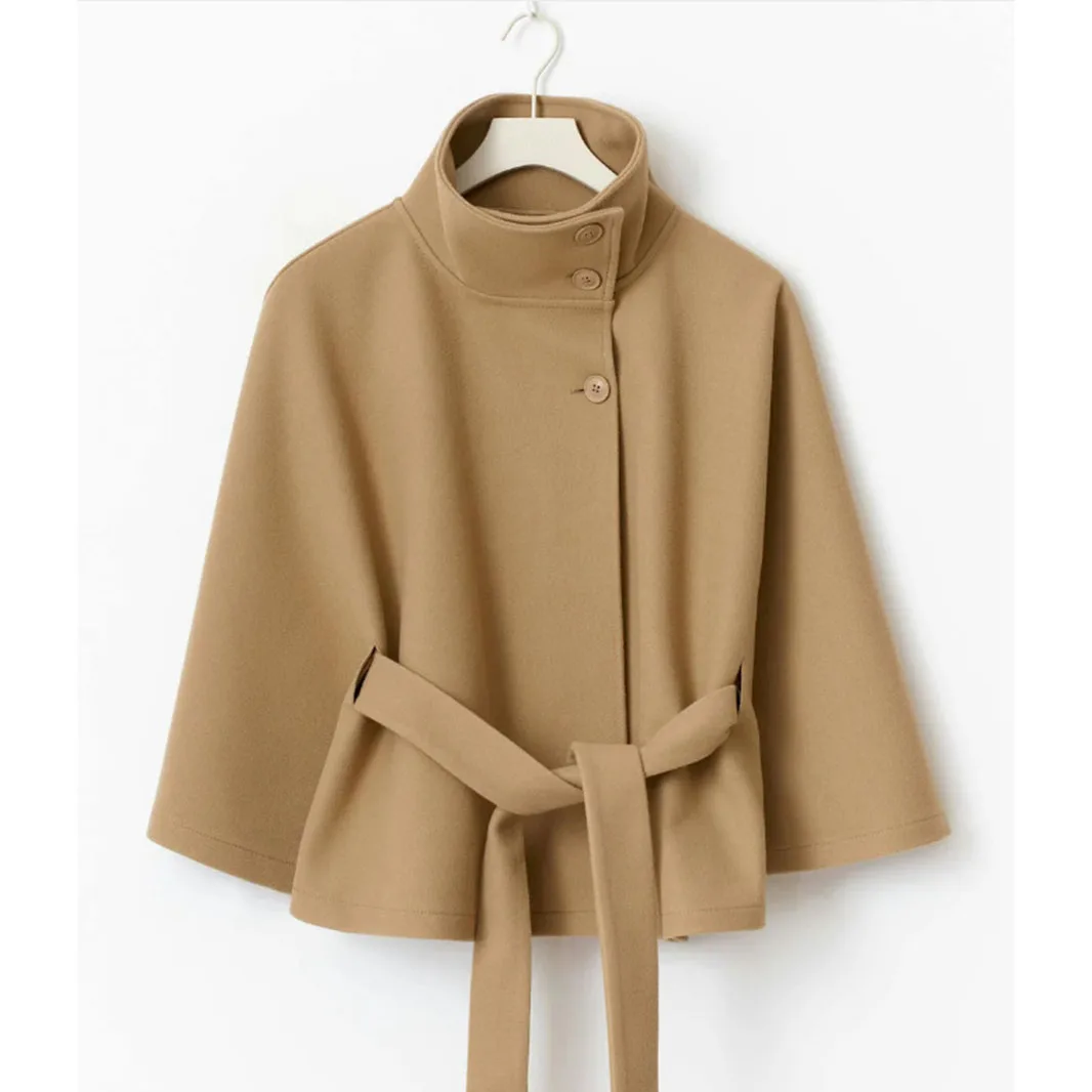 Damenjacken mit Schnürung und hohem Kragen, mit Gürtel, elegante Windjacke, aus Kunstwollmischgewebe, im Streetstyle, einfarbige Windjacke, Umhang. – Detail 2