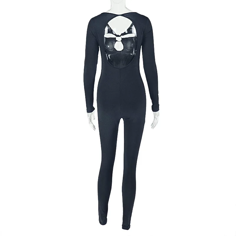 Узкие комбинезоны с металлическим кольцом, женские однотонные комбинезоны с v-образным вырезом и длинными рукавами, открытой спиной, тонкие повседневные комбинезоны для фитнеса и тренировок, подмышки