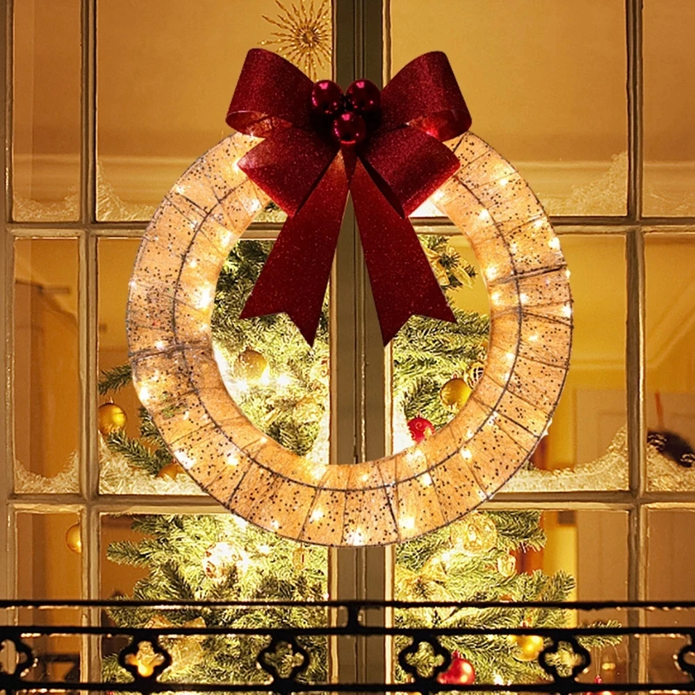 Metal Christmas Wreath Big Bow LED Warm Light Hanging Wreath Faux Christmas Front Door Metal Glow Wreath